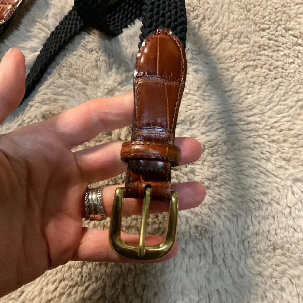 Brighton Belt Size 36 Brown Croc Leather Black Woven‎ Middle Solid Brass Buckle